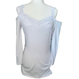 Boston Proper White Long Sleeve Cold Shoulder Embroidered Lace Strap Top Size S